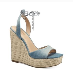 Denim Platform Wedge Silver Oval Chain Link Ankle Strap CADEN by Thalia Sodi